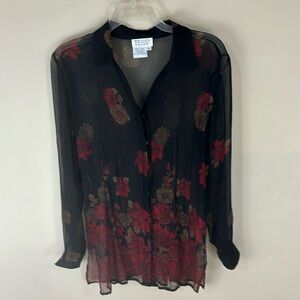 Vintage Tess Black Silk Semi-Sheer Floral Top Size Medium